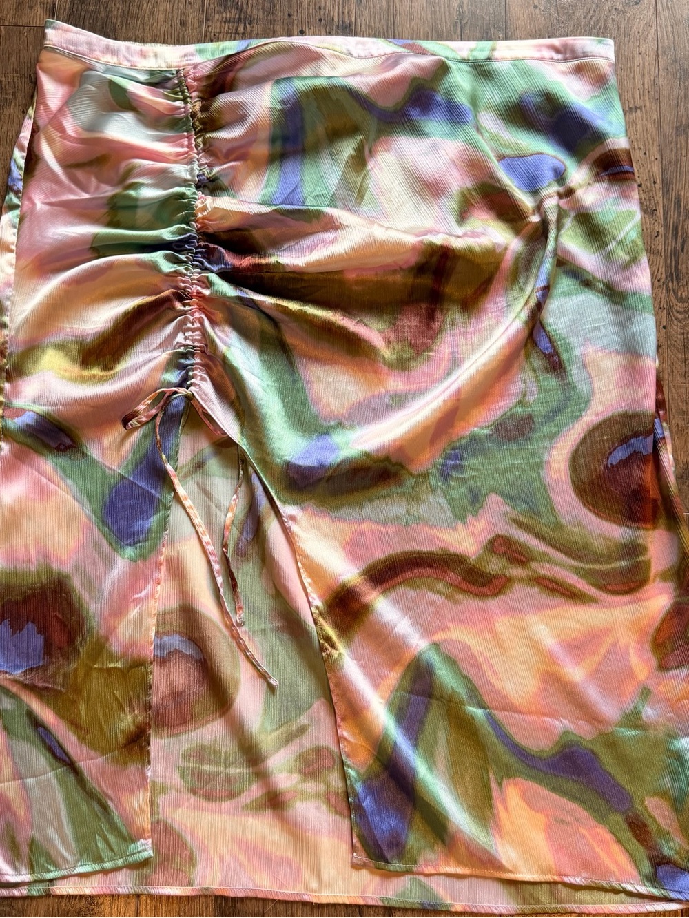 Ruched Midi Skirt in Pink & Green Abstract Print